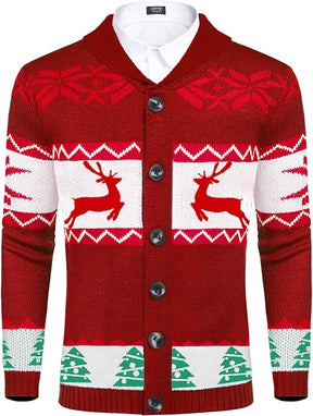 COOFANDY Men's Christmas Cardigans Ugly Xmas Sweaters Reindeer Snowflake Shawl Collar Knitted Cardigan Sweater
