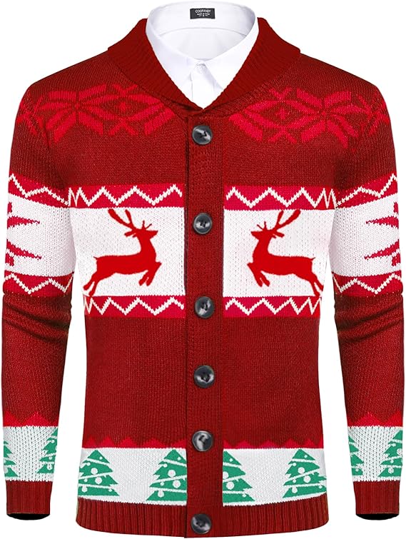 COOFANDY Men's Christmas Cardigans Ugly Xmas Sweaters Reindeer Snowflake Shawl Collar Knitted Cardigan Sweater
