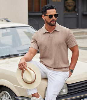 COOFANDY Mens Polo Shirt Textured Knit Button Casual Short Sleeve Summer Vacation Beach Stretchy Golf Shirts