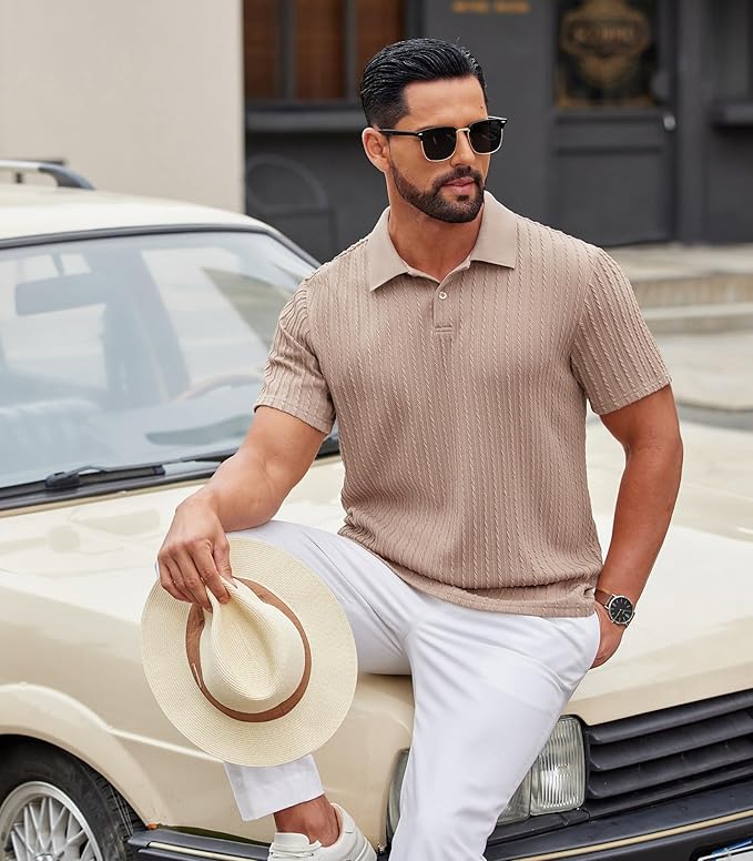 COOFANDY Mens Polo Shirt Textured Knit Button Casual Short Sleeve Summer Vacation Beach Stretchy Golf Shirts