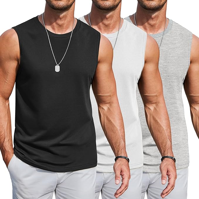 COOFANDY Mens Workout Tank Tops Cotton 3 Pack Soft Gym Muscle Shirt Sleeveless Classic T Shirts
