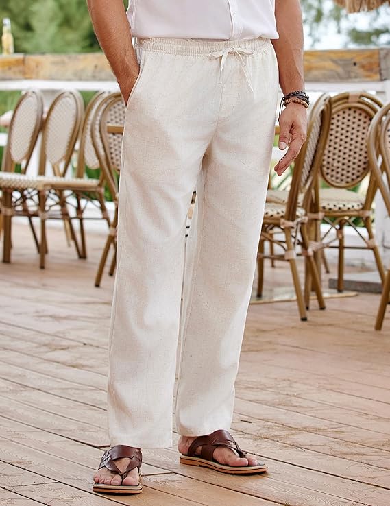 COOFANDY Men's Linen Pants Drawstring Casual Loose Fit Beach Summer Pants Lightweight Linen Trousers Yoga Pants