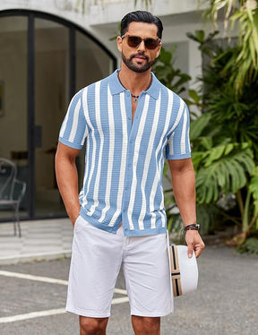 COOFANDY Men's Knit Shirts Short Sleeve Button Down Polo Shirt Striped Casual Summer Beach Shirts