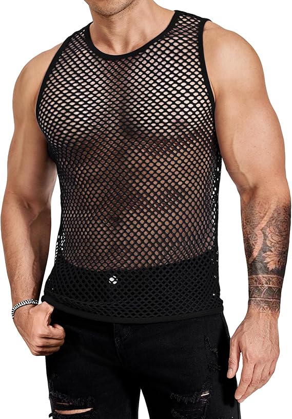 COOFANDY Men Casual Tank Tops Mesh Shirt See Through Sleeveless Shirts Muscle Fishnet Fitted Tee Clubwear Summer
