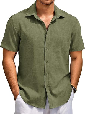 COOFANDY Men's Beach Summer Shirts Linen Texture Shirts Short Sleeve Casual Button Down Shirt