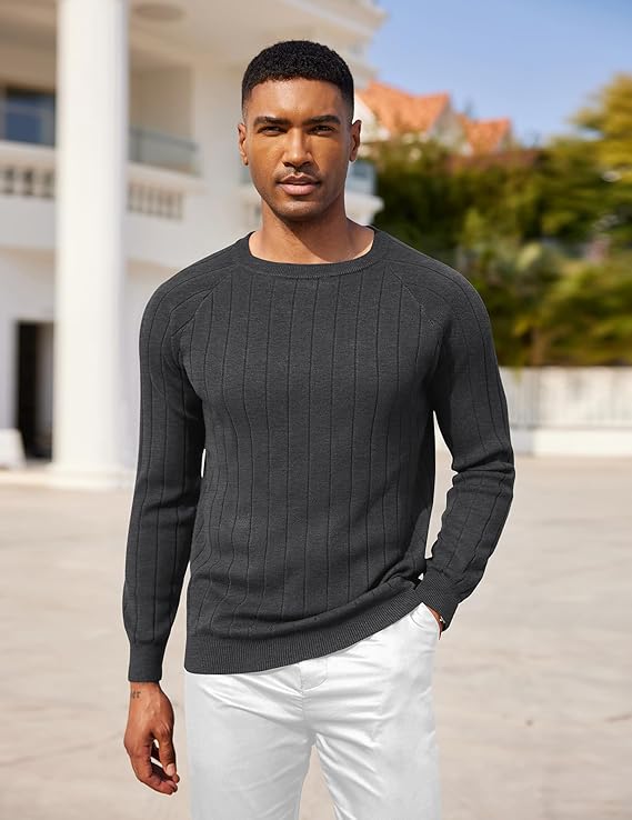 COOFANDY Mens Crewneck Pullover Sweaters Business Casual Long Sleeve Slim Fit Sweater Chunky Cable Knit Sweater