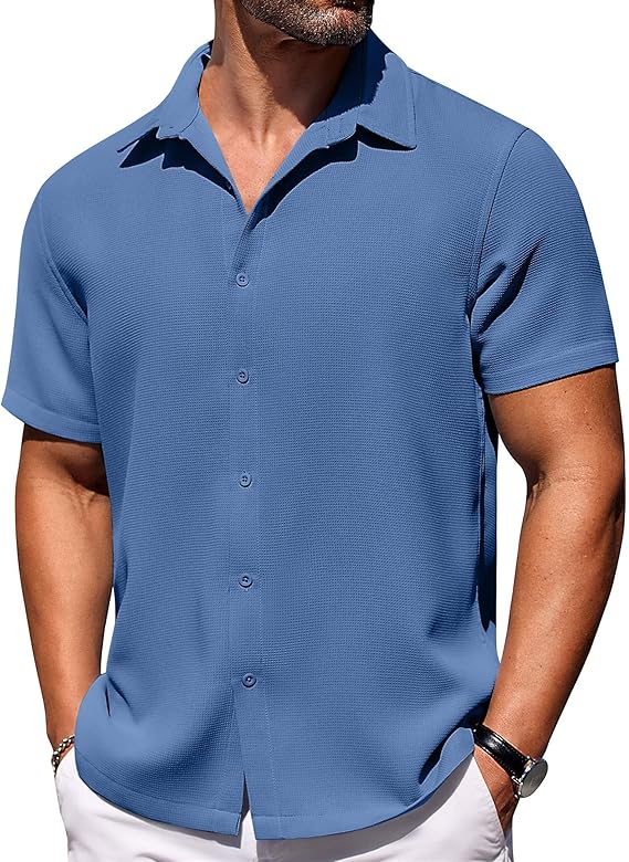 COOFANDY Mens Short Sleeve Button Down Shirts Waffle Shirt Casual Beach Summer Shirts Wrinkle Free Vacation Shirts