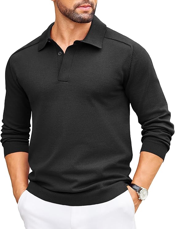 COOFANDY Mens Knit Polo Sweater Long Sleeve Polo Collared Sweaters Hidden Button Casual Pullover Sweater