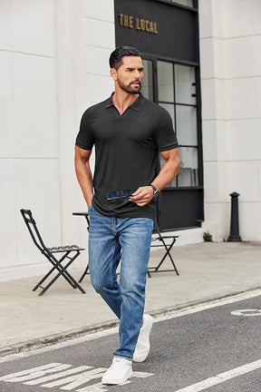 COOFANDY Men's Ribbed Polo Shirts Short Sleeve V Neck Slim Fit Polo T-Shirt Casual Summer Collared Golf Shirt