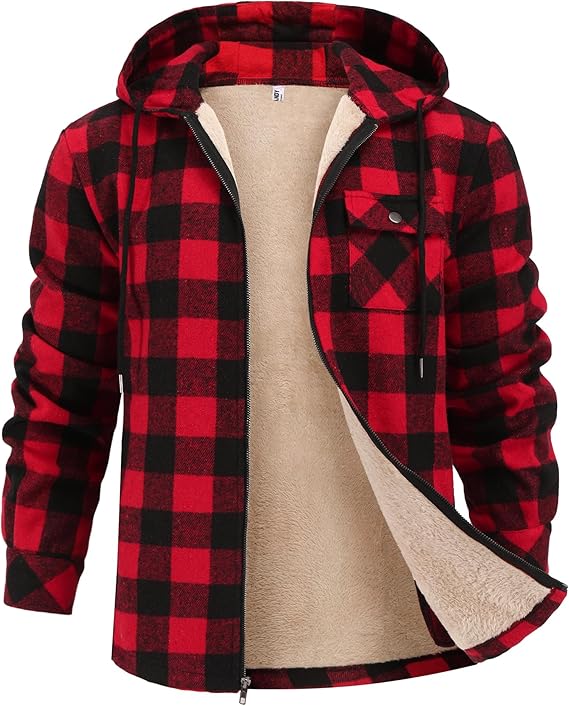COOFANDY Men's Flannel Fleece Jacket Sherpa Lined Shirt Jacket Plaid Zip Up Hoodie Soft Warm Coat with Hood