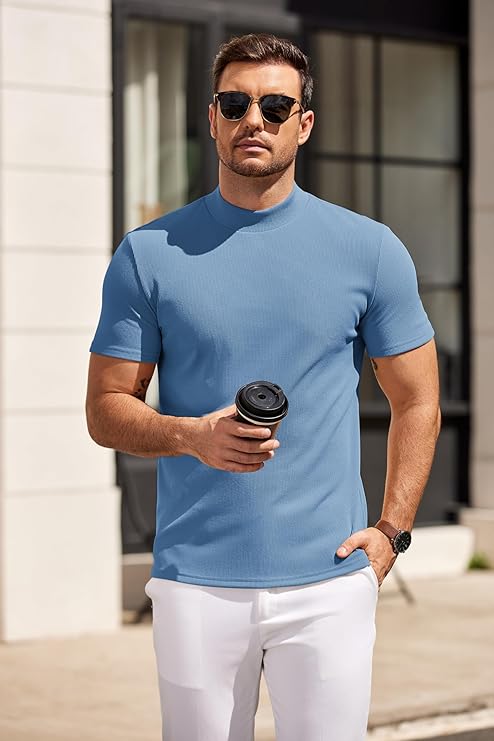 COOFANDY Mens Mock Turtleneck Sweater Short Sleeve Slim Fit Turtle Neck Sweaters Casual Basic Tee Ribbed Knit Pullover Tops