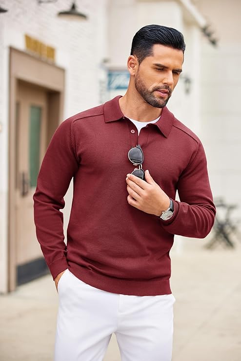 COOFANDY Mens Knit Polo Sweater Long Sleeve Polo Collared Sweaters Hidden Button Casual Pullover Sweater