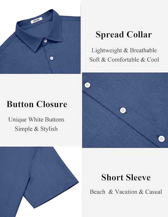COOFANDY Mens Button Down Shirt Short Sleeve Casual Linen Shirts Summer Beach Wedding Shirts