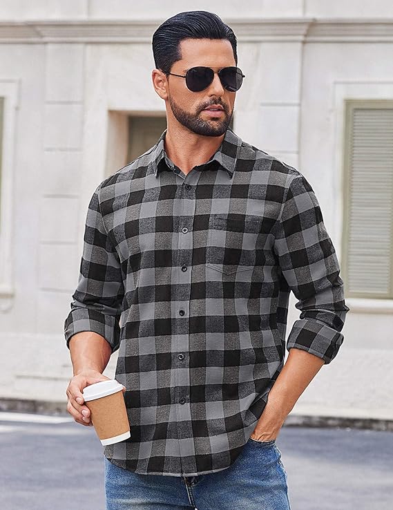 COOFANDY Men's Casual Long Sleeve Button Up Plaid Flannel Shirt Jacket with Pocket