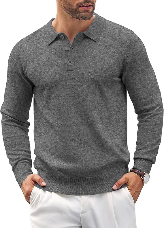 COOFANDY Mens Knit Polo Shirts Casual Long Sleeve Classic Polo Shirts Button Down Golf Shirts