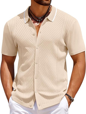 COOFANDY Men's Knit Short Sleeve Button Down Shirt Vintage Polo Shirt Casual Summer Beach Shirts