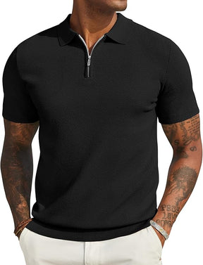 COOFANDY Mens Textured Knit Polo Shirts Zipper Polo Shirts Short Sleeve Casual Lightweight Golf Shirt