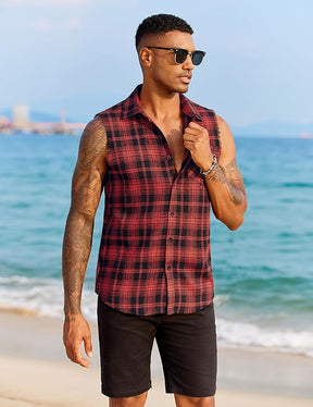 COOFANDY Mens Sleeveless Flannel Shirt Casual Summer Tank Top Button Up Sleeveless Beach Shirts with Chest Pocket