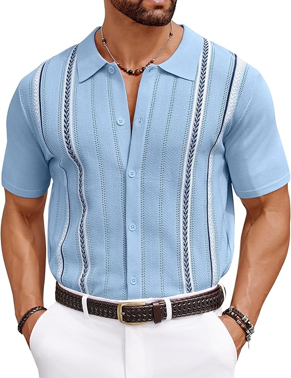 COOFANDY Knit Shirts for Men Casual Short Sleeve Button Down Shirts Summer Beach Stretch Fit Collared Shirts