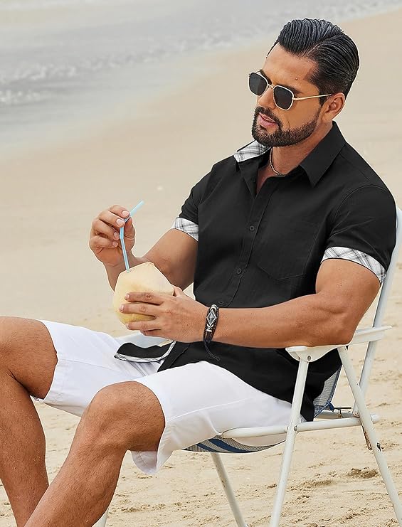 COOFANDY Men's Button Down Shirts Short Sleeve Casual Cotton Shirts Summer Beach Wedding Shirt with Pocket