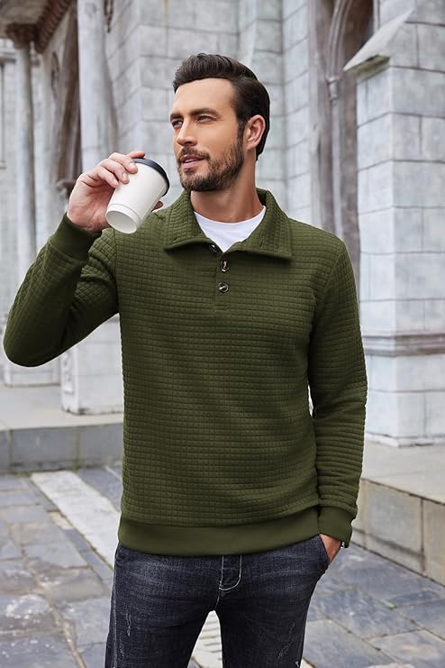 COOFANDY Mens 1/4 Quilted Pullover Half Casual Stand Collar Long Sleeve Sweatshirt Big and Tall Mock Neck Sweater