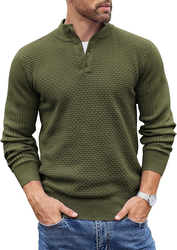 COOFANDY Men's Quarter Button Sweater Lightweight Mock Neck Pullover Sweater Fashion Casual Knitted Waffle Henley Sweater