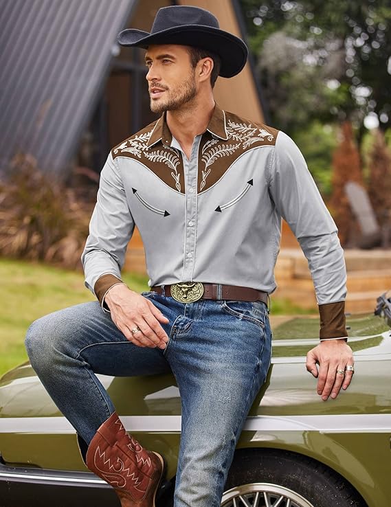 COOFANDY Men's Western Cowboy Shirt Embroidered Button Down Long Sleeve Shirts