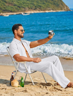 COOFANDY Mens 2 Piece Sets Summer Outfits Short Sleeve Button Down Shirt Loose Pant Sets Beach Vacation Outfits