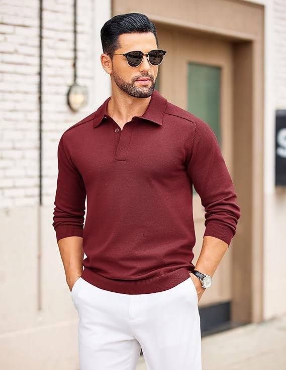 COOFANDY Mens Knit Polo Sweater Long Sleeve Polo Collared Sweaters Hidden Button Casual Pullover Sweater
