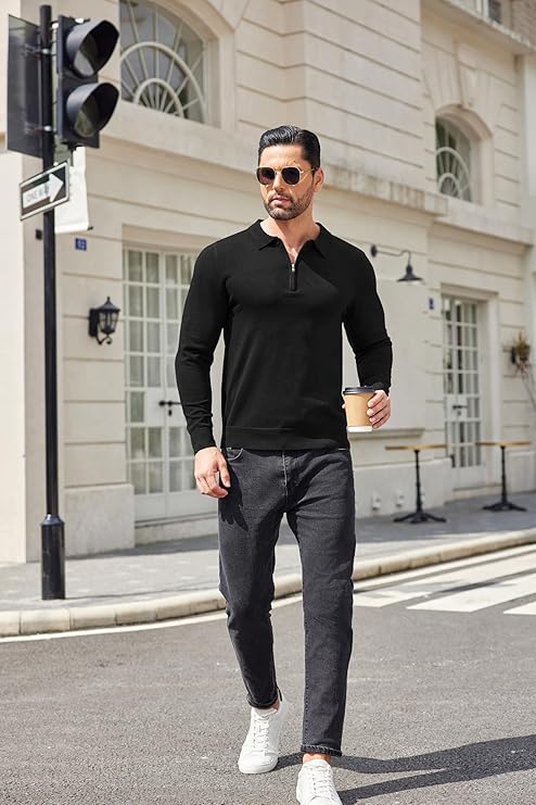 COOFANDY Mens Knit Polo Shirt Quarter Zip Slim Fit Pullover Long Sleeve Sweater Polo