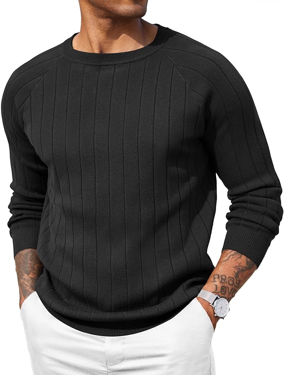 COOFANDY Mens Crewneck Pullover Sweaters Business Casual Long Sleeve Slim Fit Sweater Chunky Cable Knit Sweater