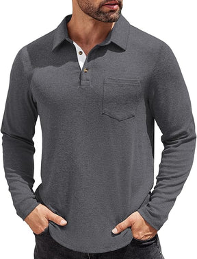 COOFANDY Men's Long Sleeve Polo Shirt Casual Dress Button Polo T Shirt with Pocket Basic Lightweight Collared Golf Shirt