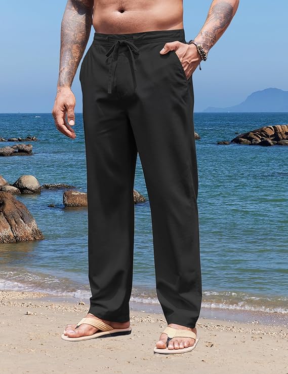 COOFANDY Men's Casual Linen Pants Elastic Waist Drawstring Yoga Beach Pants Lightweight Loose Fit Trousers with Pockets