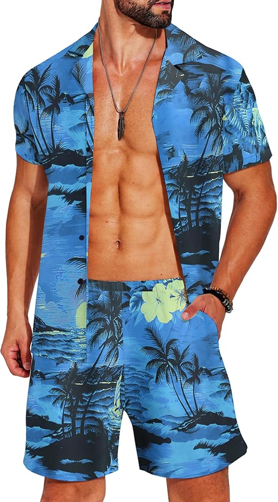 COOFANDY Men's Hawaiian Matching Shirt and Shorts Set Summer Beach 2 Piece Outfits Short Sleeve Cuban Shirts and Shorts