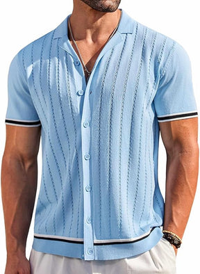 COOFANDY Men's Short Sleeve Knit Casual Button Down Shirt Vintage Striped Knitted Golf Beach Tops