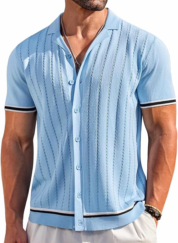 COOFANDY Men's Short Sleeve Knit Casual Button Down Shirt Vintage Striped Knitted Golf Beach Tops