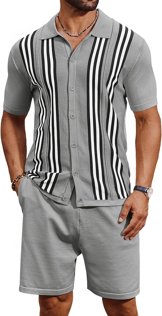 COOFANDY Men's 2 Piece Outfits Summer Short Sets Vintage Knit Button Down Shirt Short Sleeve Polo Casual Beach Suits