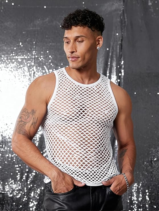 COOFANDY Men Casual Tank Tops Mesh Shirt See Through Sleeveless Shirts Muscle Fishnet Fitted Tee Clubwear Summer