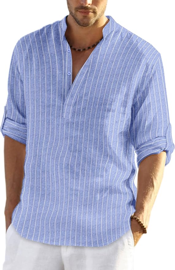 COOFANDY Men's Saint Patrick's Day Green Cotton Linen Henley Shirt Long Sleeve Casual Beach Tee