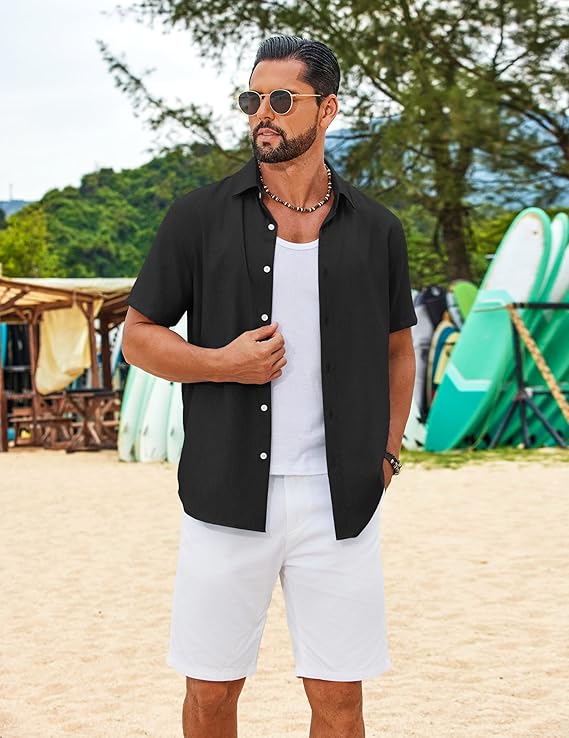 COOFANDY Mens Button Down Shirt Short Sleeve Casual Linen Shirts Summer Beach Wedding Shirts