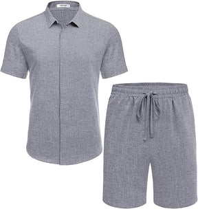 COOFANDY Men's Summer Beach Outfits 2 Piece Short Sleeve Shirts and Shorts Vacation Texture Linen Sets for Men
