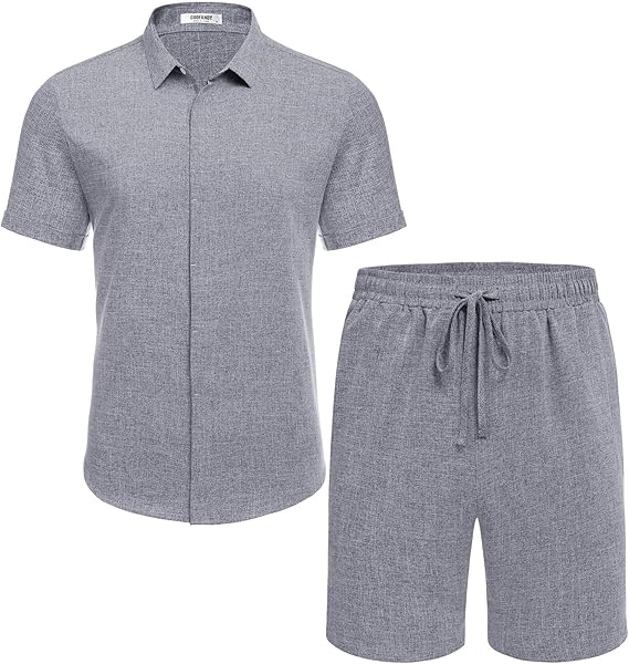 COOFANDY Men's Summer Beach Outfits 2 Piece Short Sleeve Shirts and Shorts Vacation Texture Linen Sets for Men