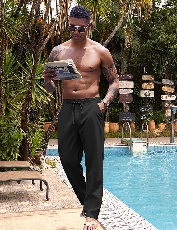 COOFANDY Men's Casual Linen Pants Elastic Waist Drawstring Yoga Beach Pants Lightweight Loose Fit Trousers with Pockets