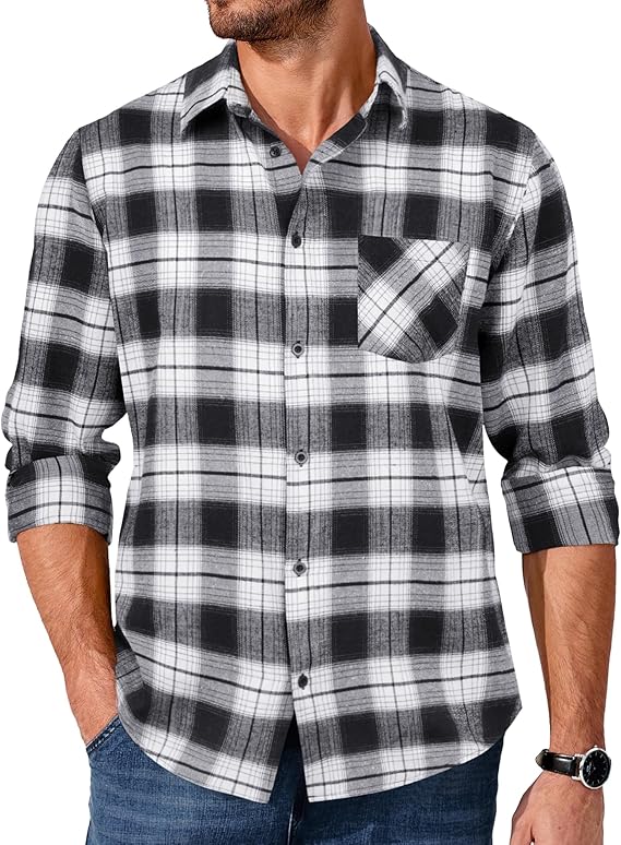 COOFANDY Men's Flannel Shirts Long Sleeve Button Down Plaid Shirt Lightweight Shirt