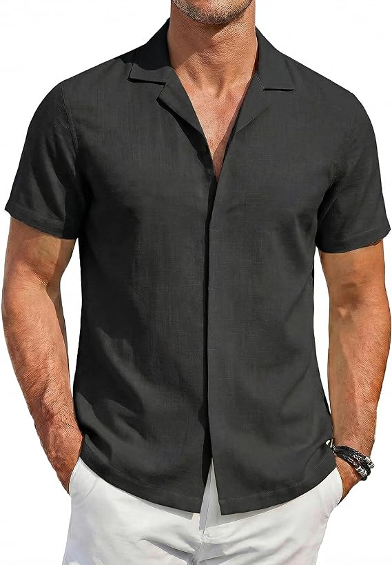 COOFANDY Men's Cotton Shirts Short Sleeve Button Down Shirts Casual Beach Summer Cuban Collar Shirt