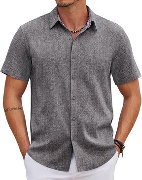 COOFANDY Men's Saint Patrick's Day Green Linen Shirt Short Sleeve Button Down Casual Plaid Collar Summer Beach Shirt