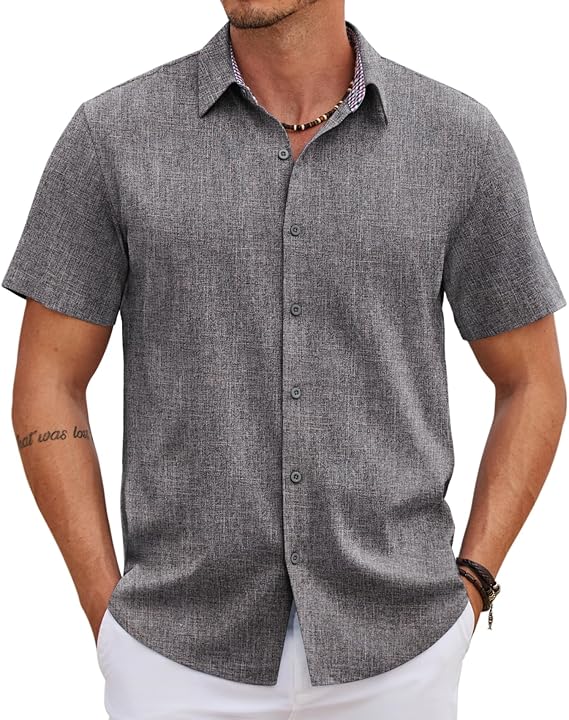 COOFANDY Men's Saint Patrick's Day Green Linen Shirt Short Sleeve Button Down Casual Plaid Collar Summer Beach Shirt