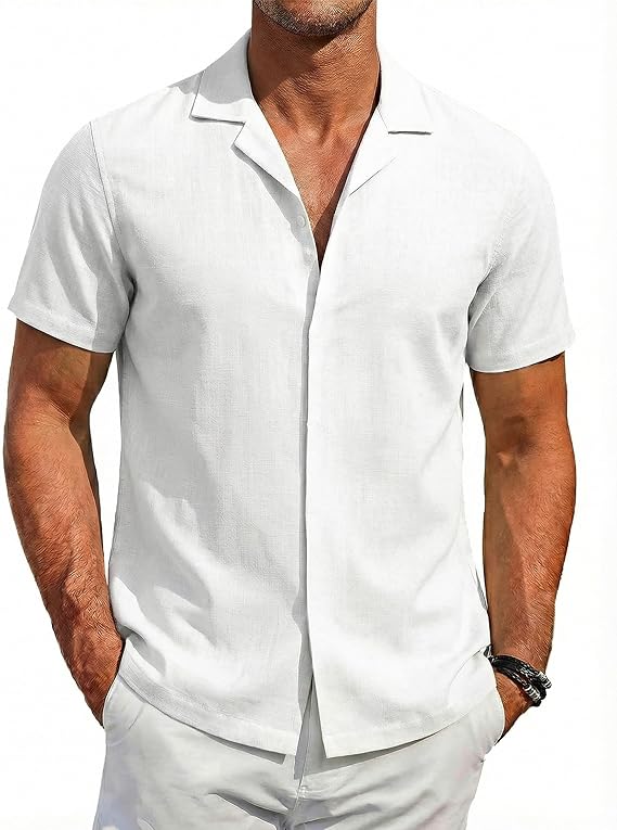 COOFANDY Men's Cotton Shirts Short Sleeve Button Down Shirts Casual Beach Summer Cuban Collar Shirt