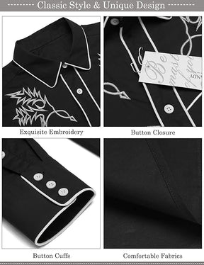COOFANDY Men's Western Cowboy Long Sleeve Embroidered Slim Fit Cotton Casual Button Down Shirt