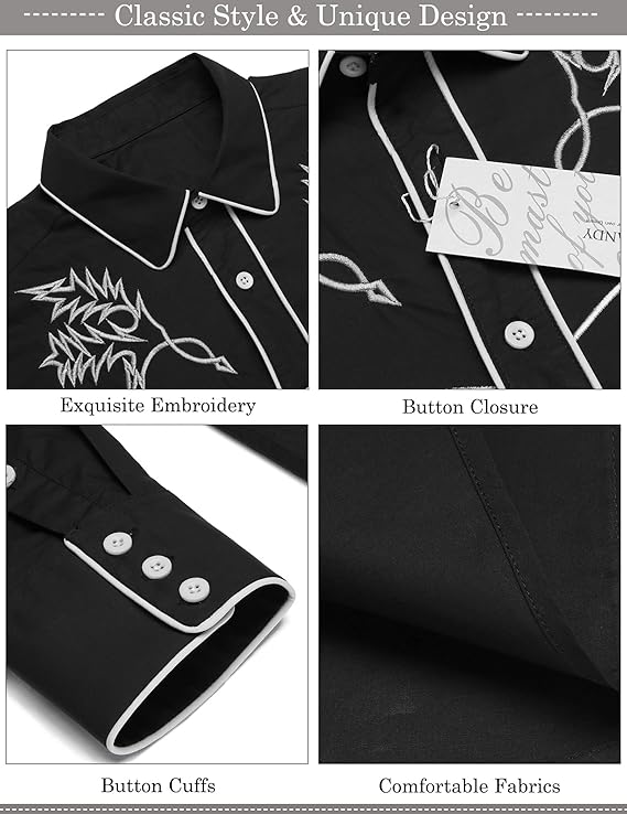 COOFANDY Men's Western Cowboy Long Sleeve Embroidered Slim Fit Cotton Casual Button Down Shirt